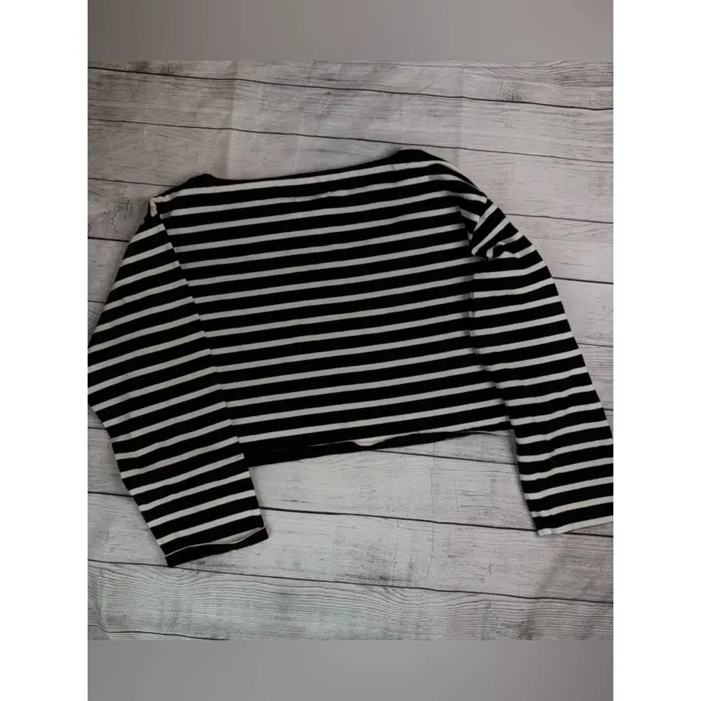 J. Crew Women's Cropped Fit Striped Boat Neck Top Black White Stripe Size Large